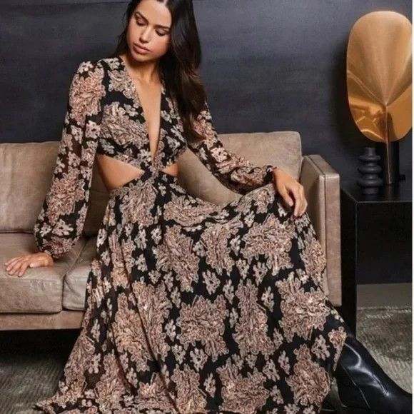 NWT Gianni Bini Black Brown V-Neck Cut Out Maxi Dress Size 12 - Picture 3 of 10